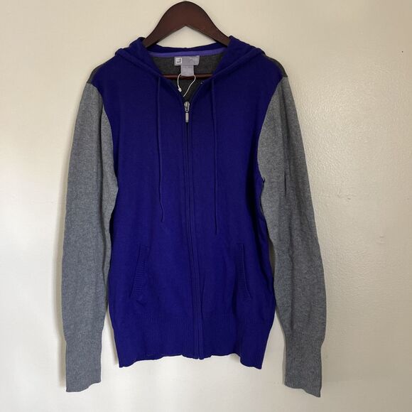 JC PENNEY Cashmere Modal Blend Knit Raglan Sleeve Hoodie, Purple/Gray- Large NWT - Picture 1 of 9